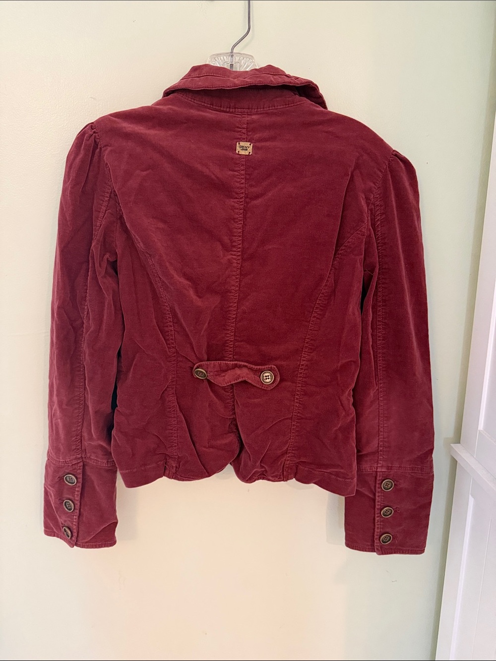 Vintage Y2K Dkny Burgundy Velvet Ruffle-Trim Blazer - Picture 4 of 6